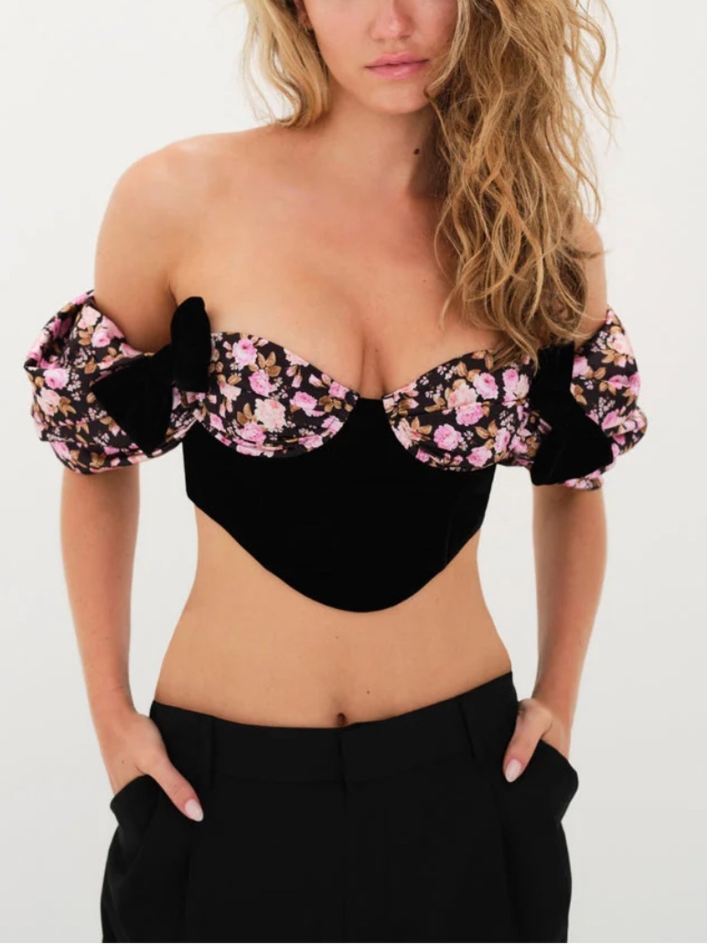 For Love & Lemons Kate crop top Black Bustier Pink Floral Puff Sleeves corset XS